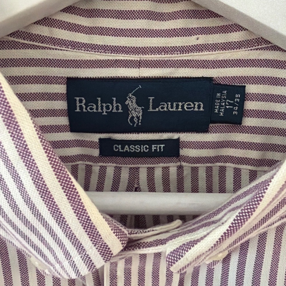 Ralph Lauren Mens Classic Fit‎ Striped Button Down Shirt Purple White 17 34/35